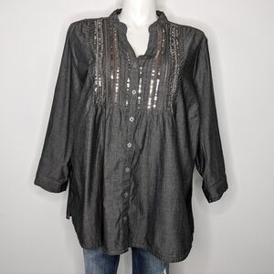 ✨3/$15  NWT Essentials grey sequin accent button down long sleeve top 4X